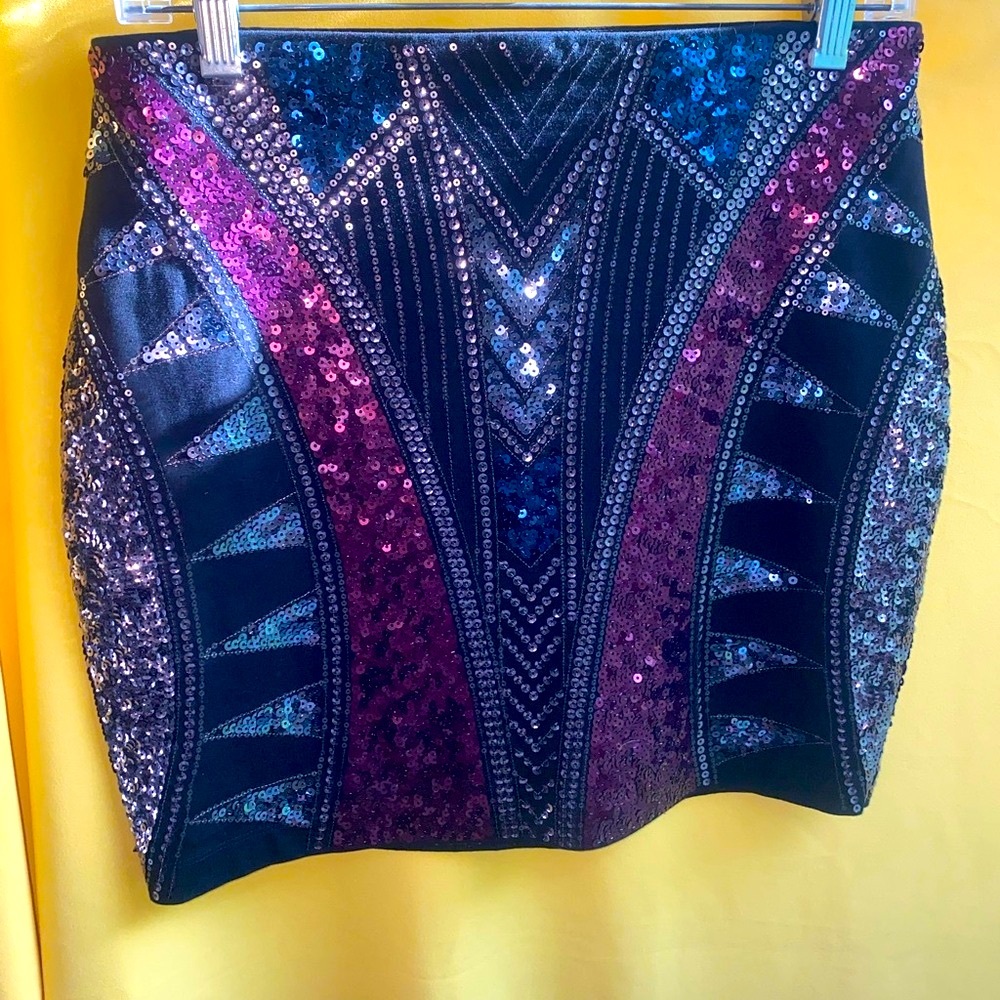 Express Blue and Pink Sequin Embellished Mini Skirt